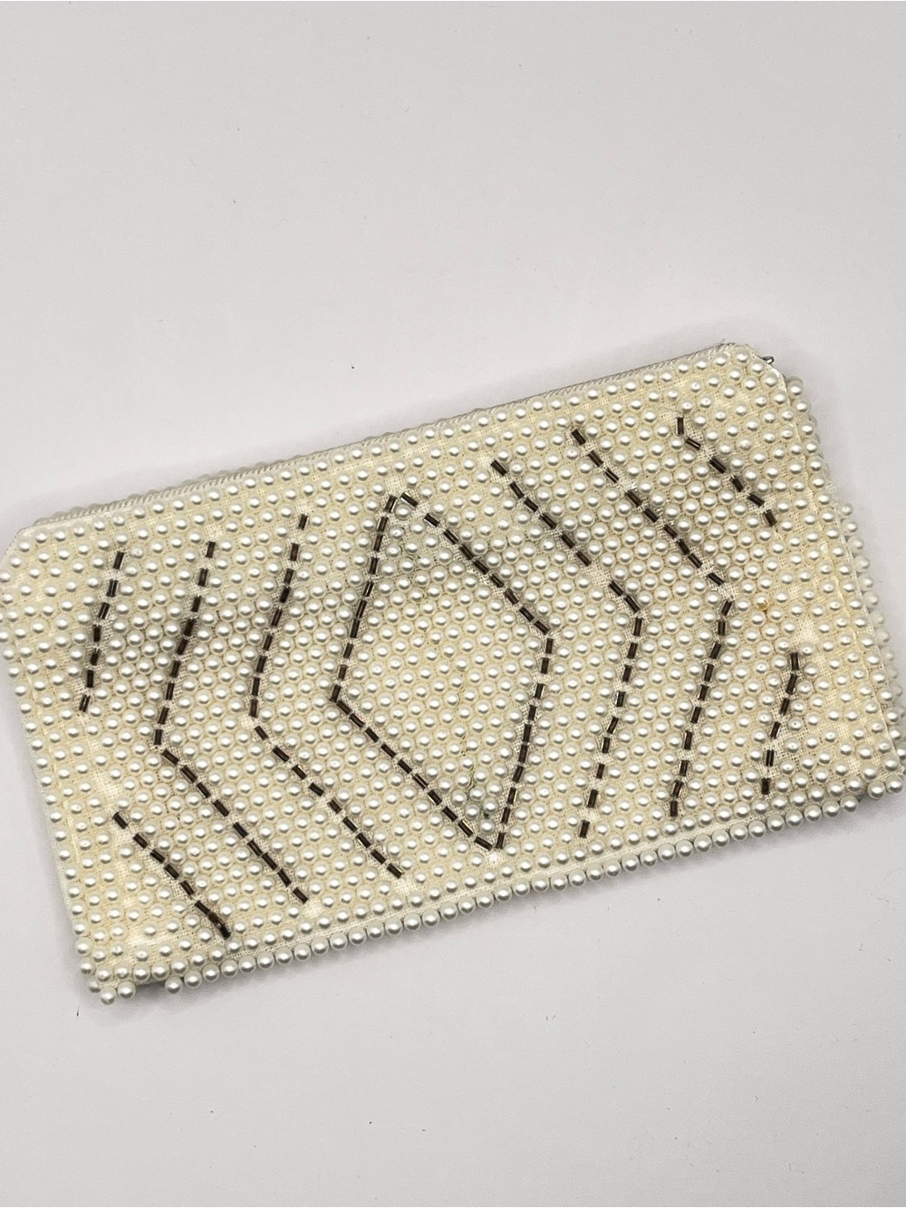 Vintage White Pearl-Type Beads Embellished Zip Clutch Wallet